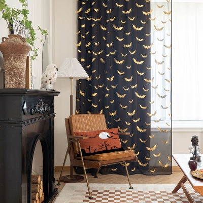 Modern Black Bat Print Sheer Polyester Curtains