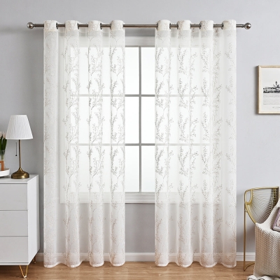 Modern Tree Branch Polyester Sheer Curtains, White/Beige