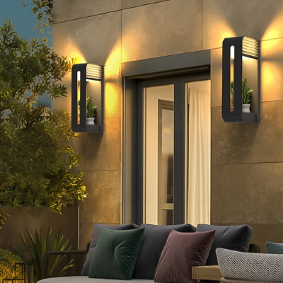 Orr Modern Rectangular Metal/Acrylic Solar Outdoor Plants Pot Holder Wall Lamp, Black