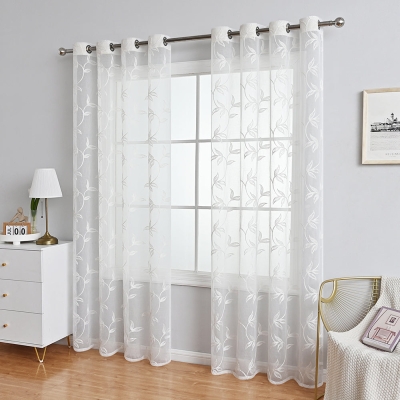 Modern Flower And Leaf Polyester Sheer Curtains, White/Gray