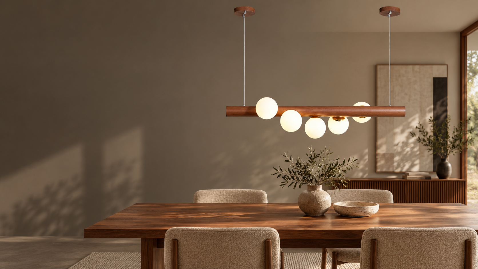 Valentina wood and glass bubble pendant in a dining room setting