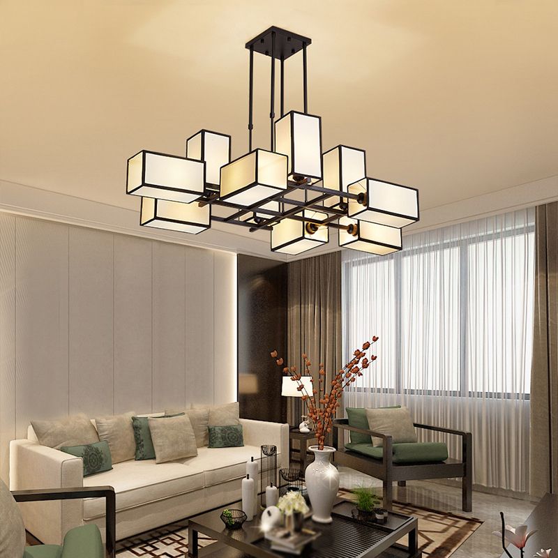 Lacey Pendant Light Square Retro, Metal/Fabric, Black/Gold, Living Room