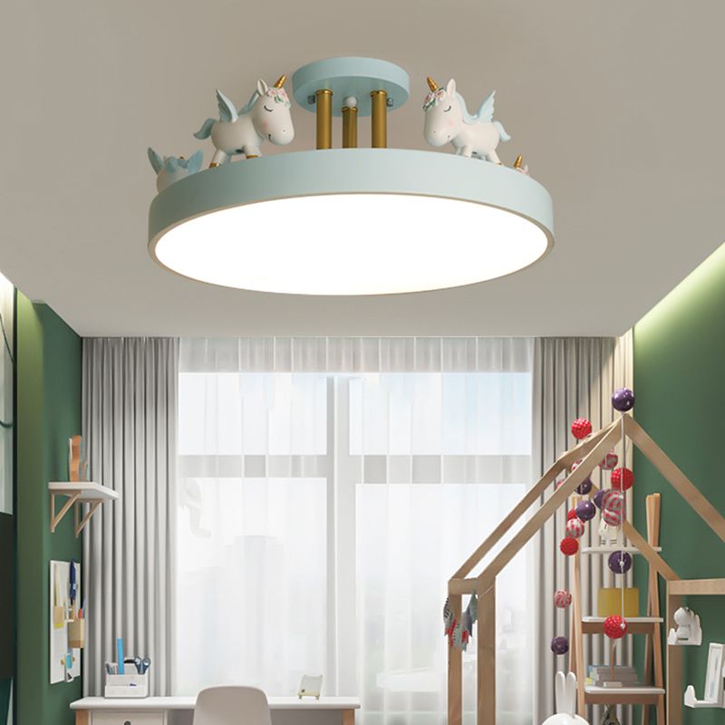 Quinn Modern Round Unicorn Acrylic/Wood Semi-Flush Mount Ceiling Light, White/Pink/Blue