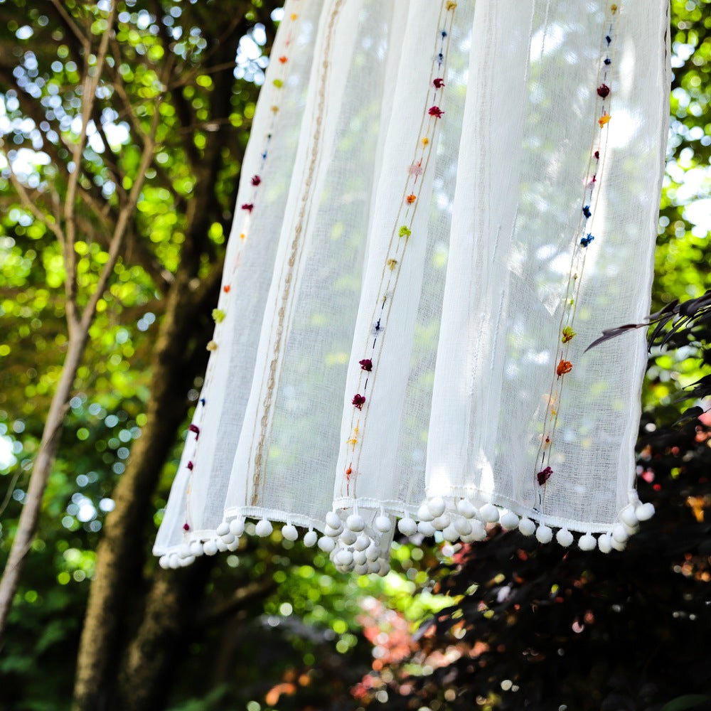 Modern White Fringe Colored Ball Short  Sheer Curtains