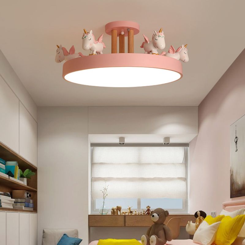 Quinn Modern Round Unicorn Acrylic/Wood Semi-Flush Mount Ceiling Light, White/Pink/Blue