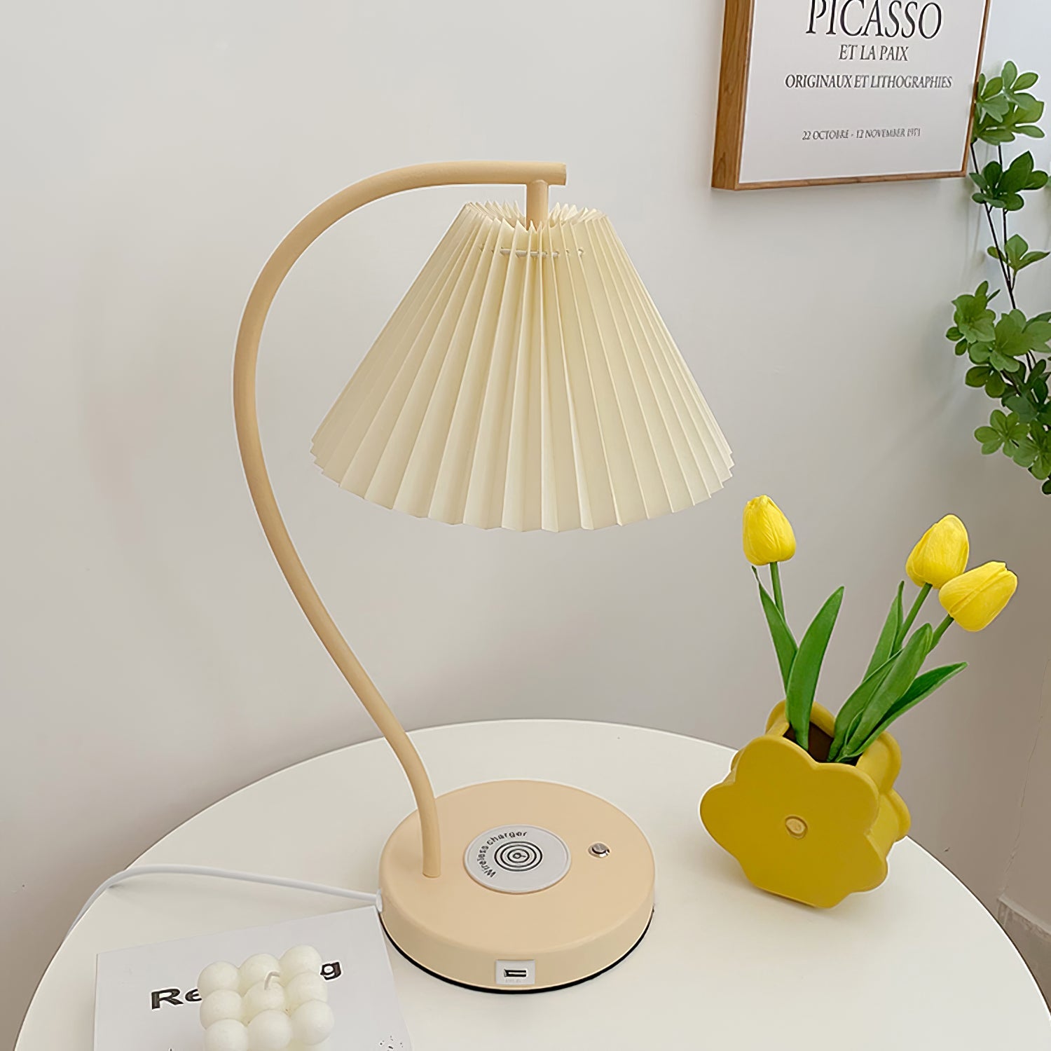 Sano Nordic Curved Ceramic/Fabric Table Lamp, White/Yellow