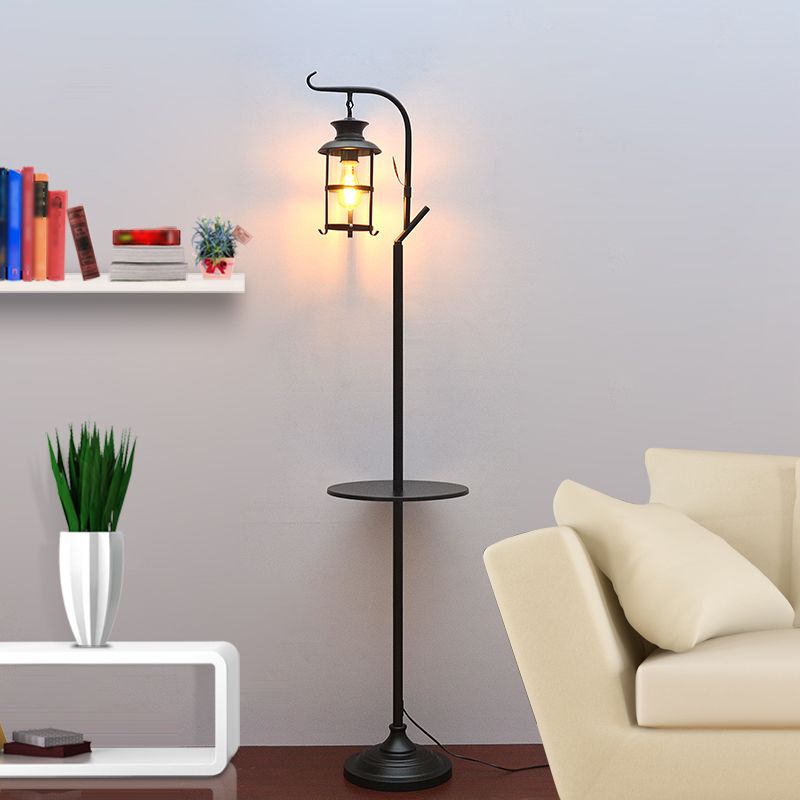 Alessio Retro Lantern Metal Glass Floor Lamp /w Table, Black/White