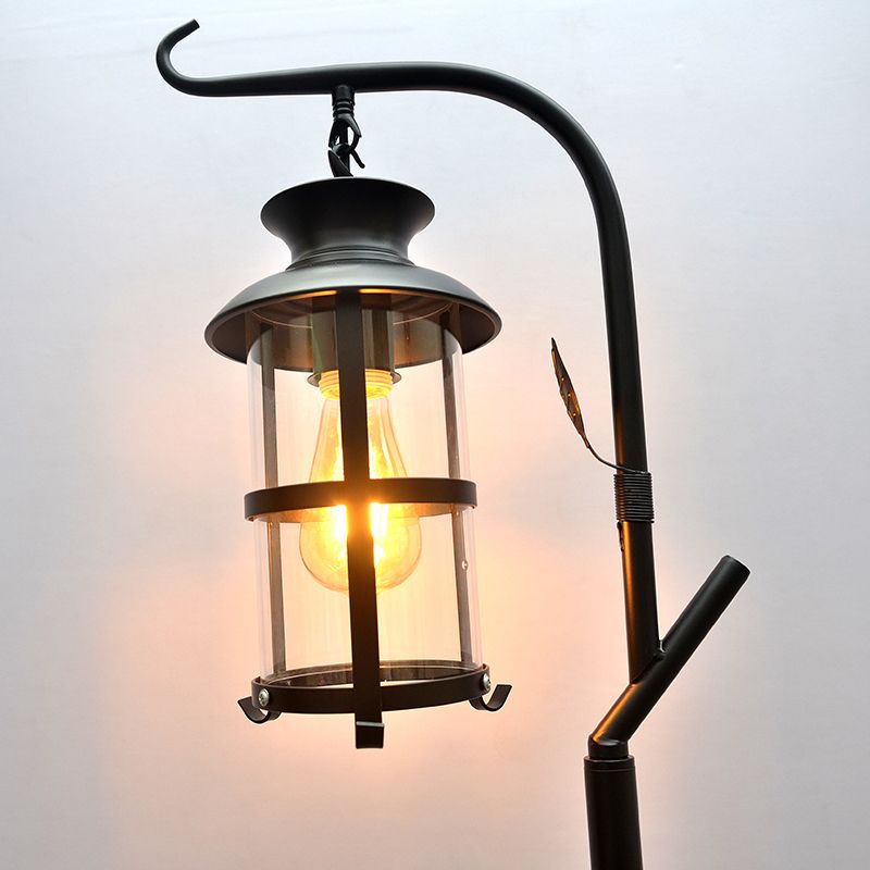 Alessio Retro Lantern Metal Glass Floor Lamp /w Table, Black/White