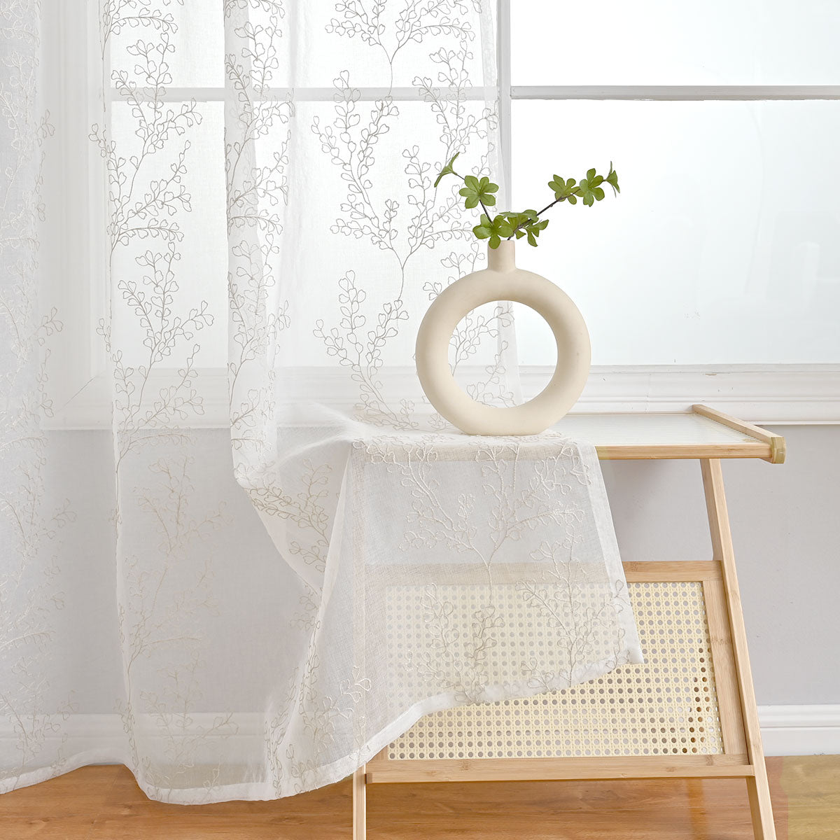 Modern Tree Branch Polyester Sheer Curtains, White/Beige