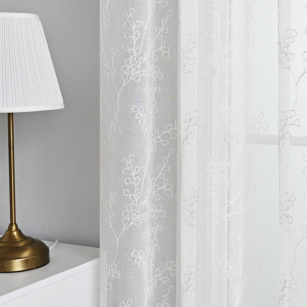 Modern Tree Branch Polyester Sheer Curtains, White/Beige