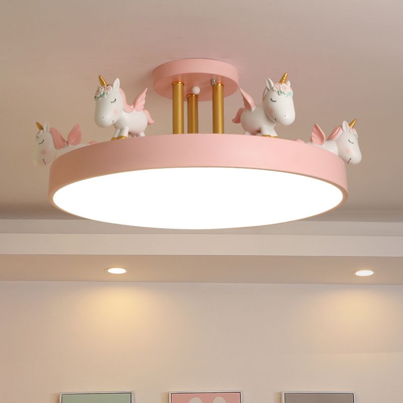 Quinn Modern Round Unicorn Acrylic/Wood Semi-Flush Mount Ceiling Light, White/Pink/Blue