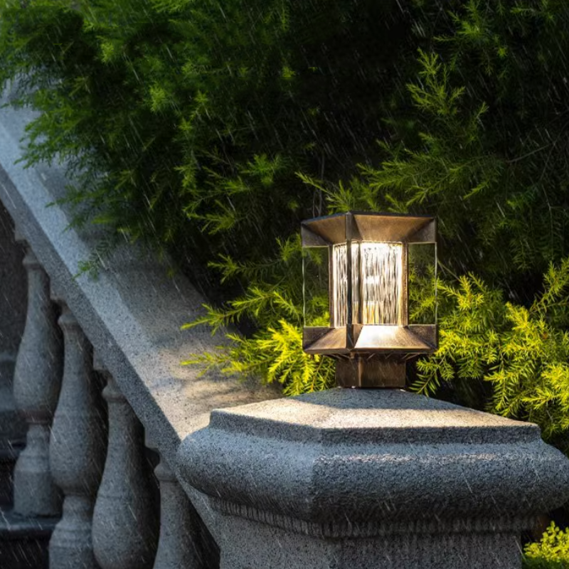 Riley Modern Rectangular Metal Glass Outdoor Lamp, Black/Black-Gold