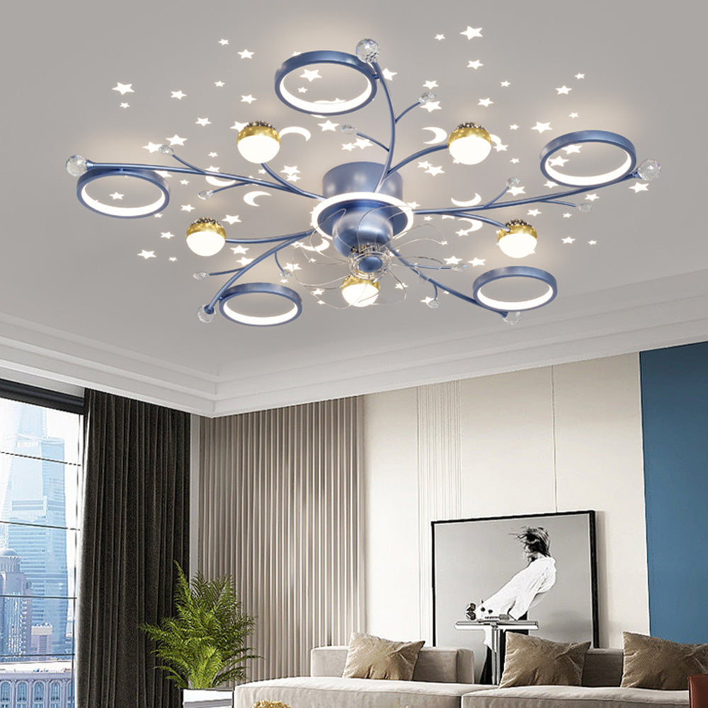 Madina Blue & Black Flush Mount Ceiling Fan with Light, 6/8/10 Heads, 31.5''/47.2''