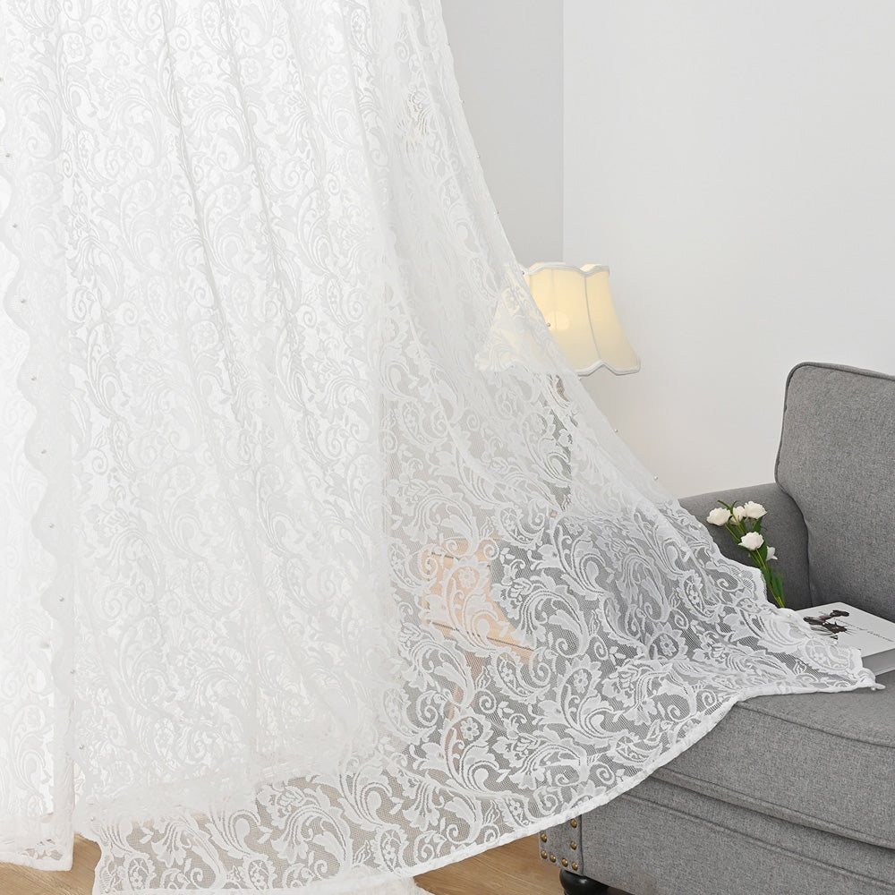 French White Lace Pearl Translucent Sheer Curtain