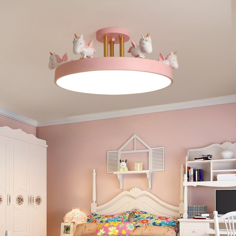 Quinn Modern Round Unicorn Acrylic/Wood Semi-Flush Mount Ceiling Light, White/Pink/Blue