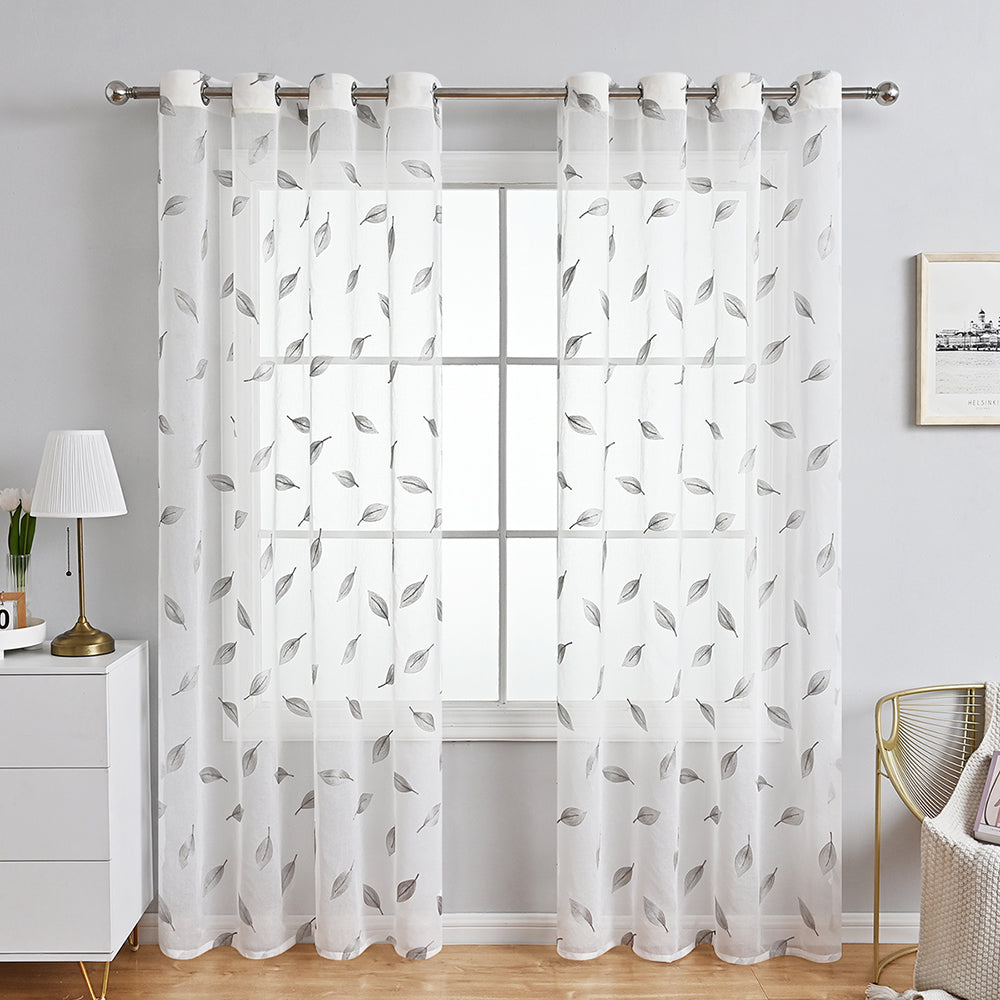 Modern Leaf Polyester Sheer Curtains, Gray/Beige