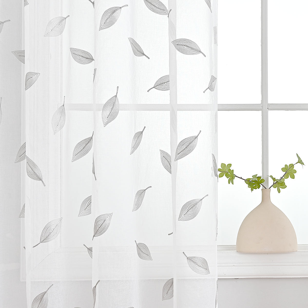 Modern Leaf Polyester Sheer Curtains, Gray/Beige