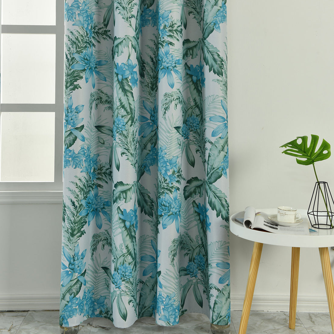 Modern Blue Plant Forest Nature Pattern Blackout Curtain