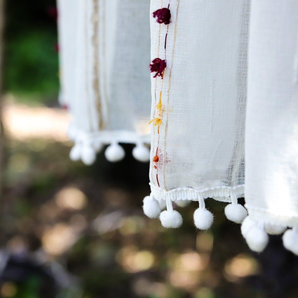 Modern White Fringe Colored Ball Short  Sheer Curtains