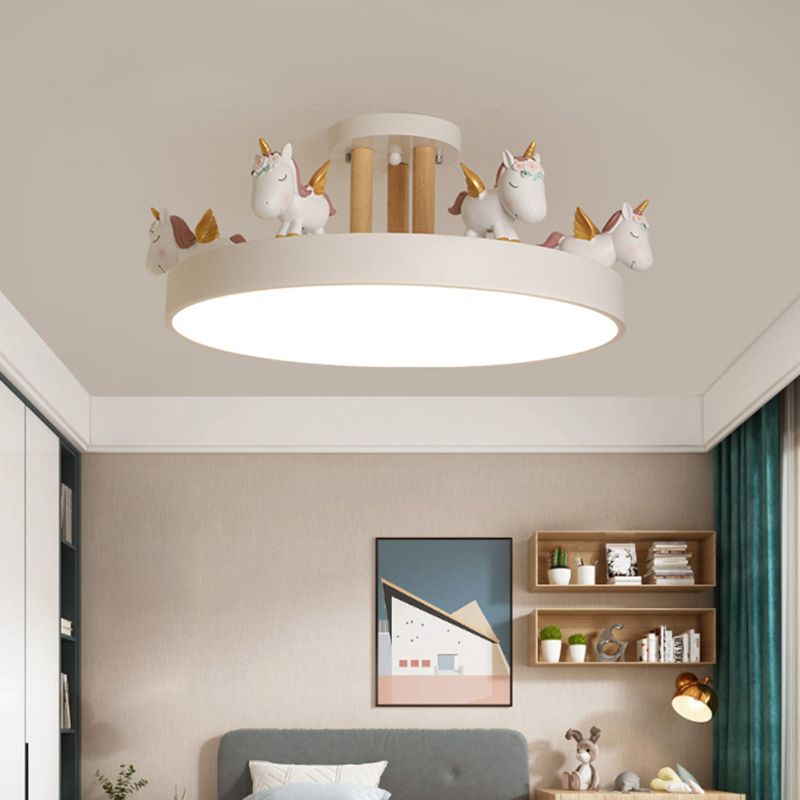 Quinn Modern Round Unicorn Acrylic/Wood Semi-Flush Mount Ceiling Light, White/Pink/Blue