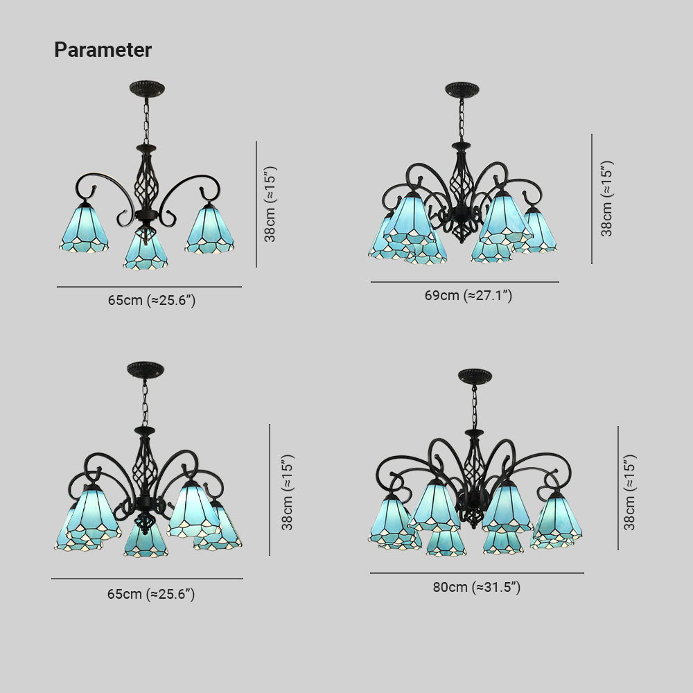 Silva Tiffany Mediterranean Branch Metal Chandelier, White/Blue/Navy Blue