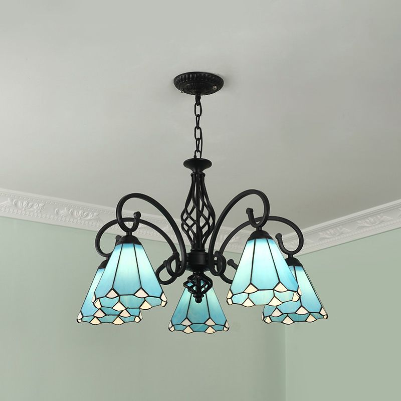 Silva Tiffany Mediterranean Branch Metal Chandelier, White/Blue/Navy Blue