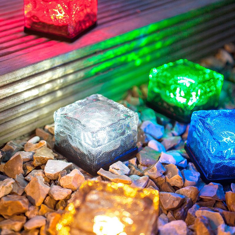 Pena Ice-cube Solar Outdoor Ground Light, Glass, Blue/Yellow/White