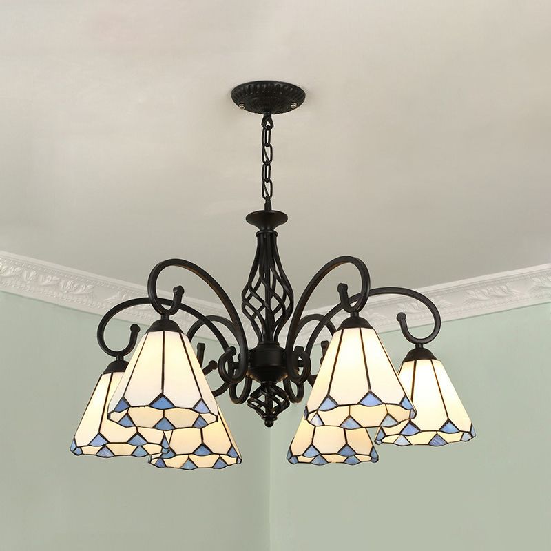 Silva Tiffany Mediterranean Branch Metal Chandelier, White/Blue/Navy Blue