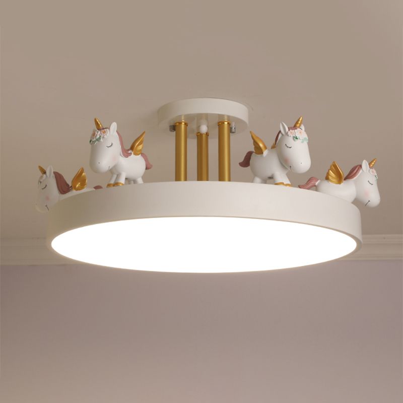 Quinn Modern Round Unicorn Acrylic/Wood Semi-Flush Mount Ceiling Light, White/Pink/Blue