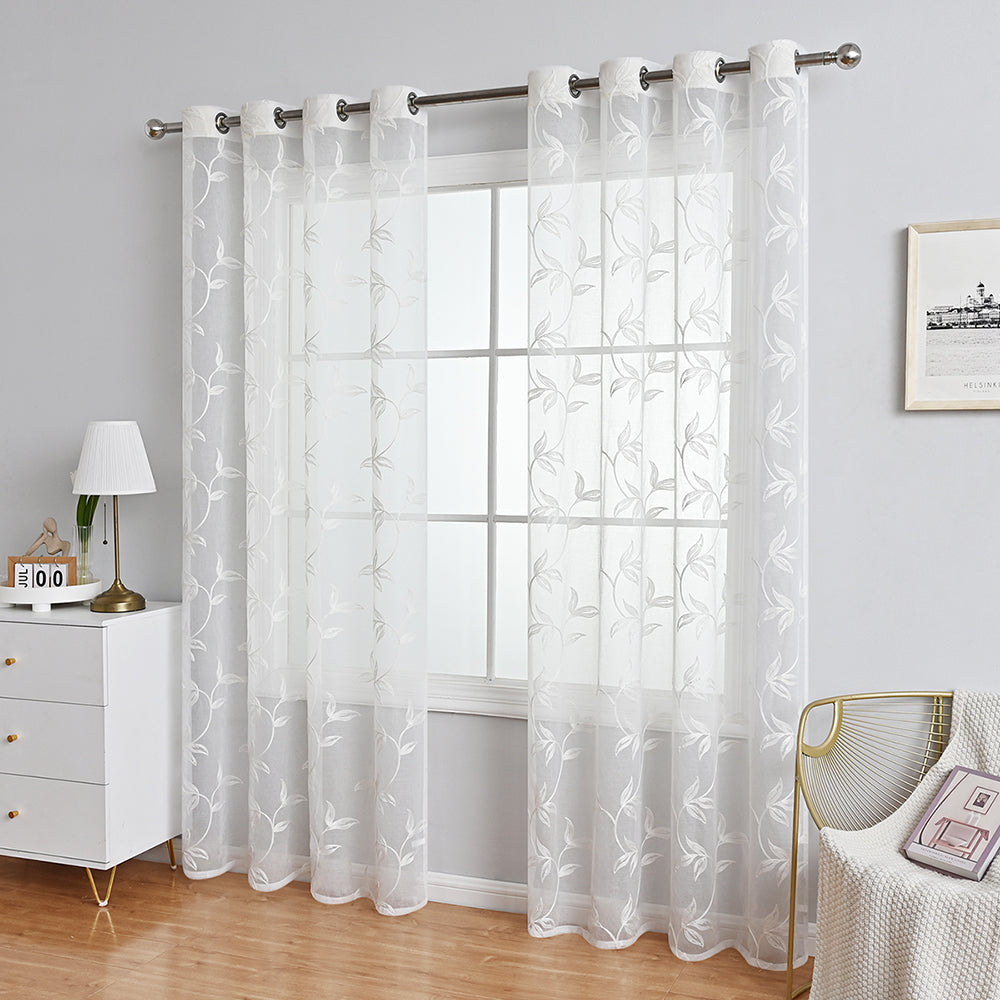 Modern Flower And Leaf Polyester Sheer Curtains, White/Gray