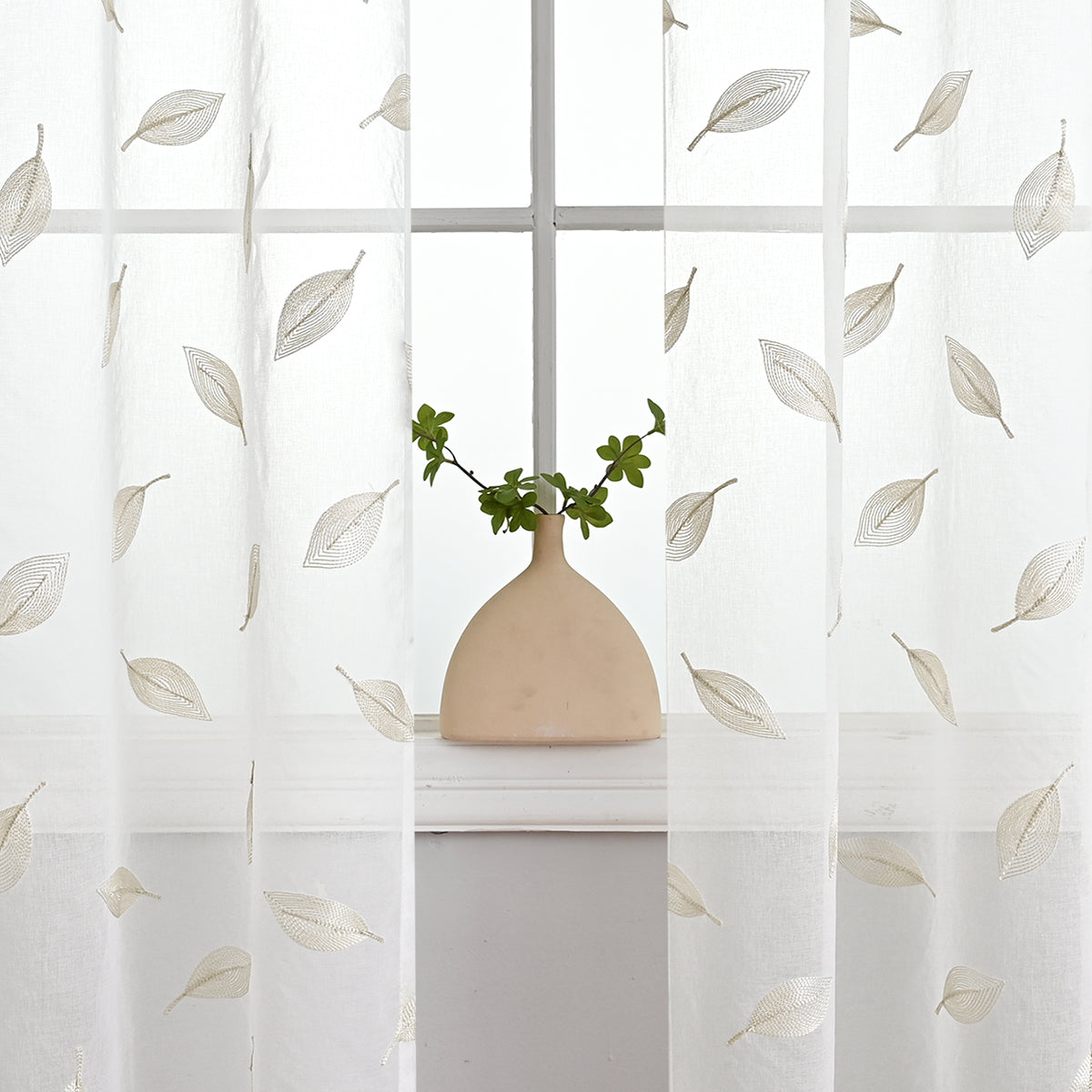 Modern Leaf Polyester Sheer Curtains, Gray/Beige