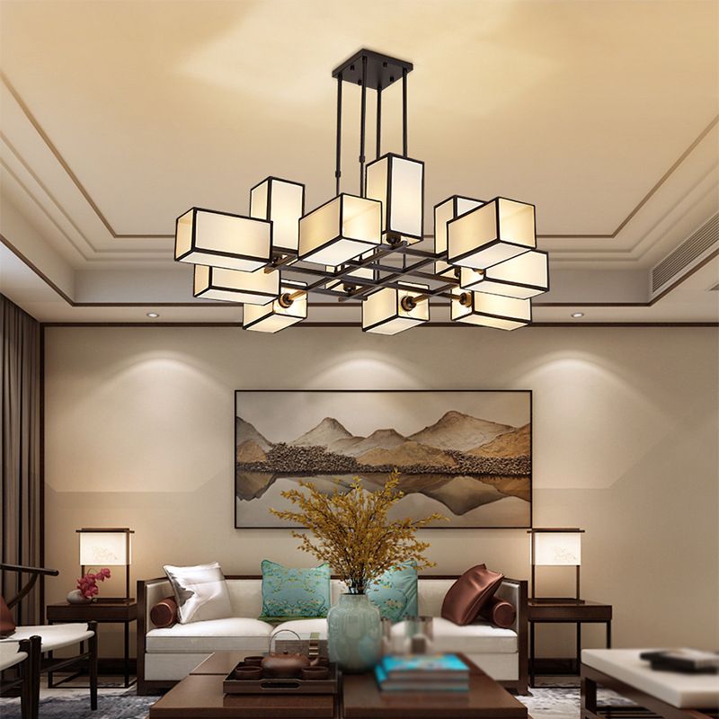Lacey Pendant Light Square Retro, Metal/Fabric, Black/Gold, Living Room
