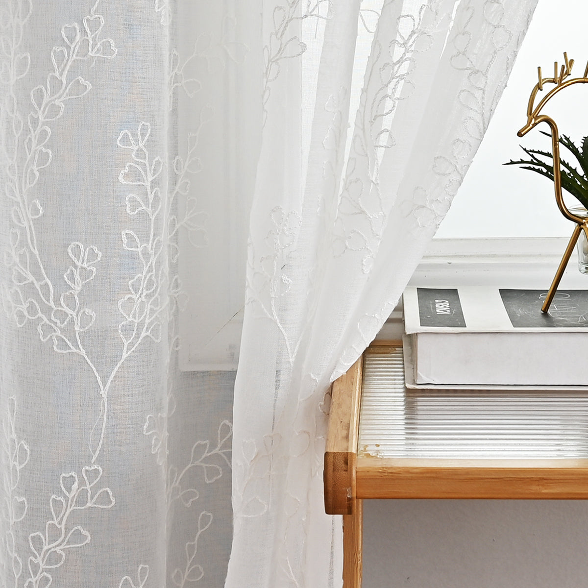 Modern Tree Branch Polyester Sheer Curtains, White/Beige