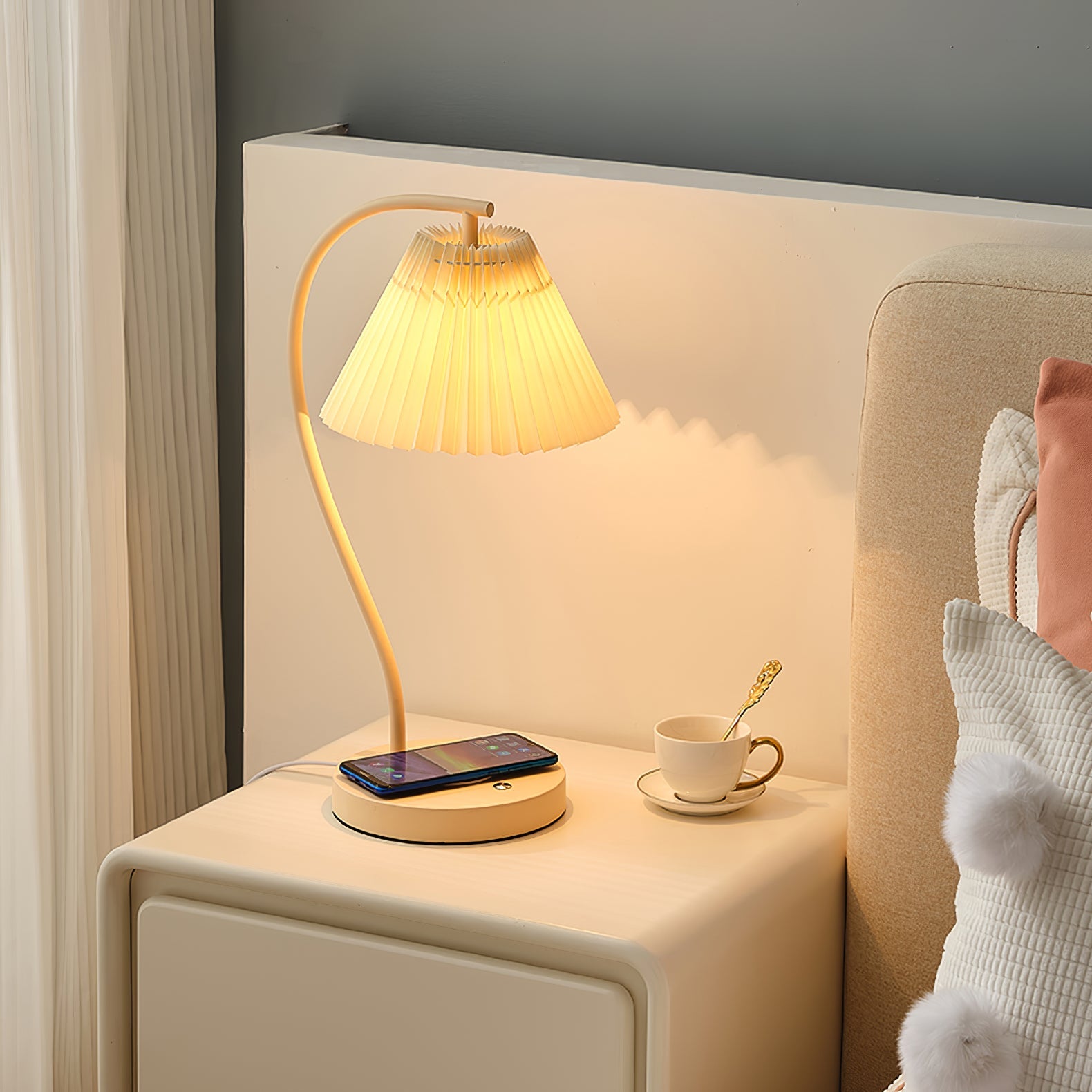 Sano Nordic Curved Ceramic/Fabric Table Lamp, White/Yellow