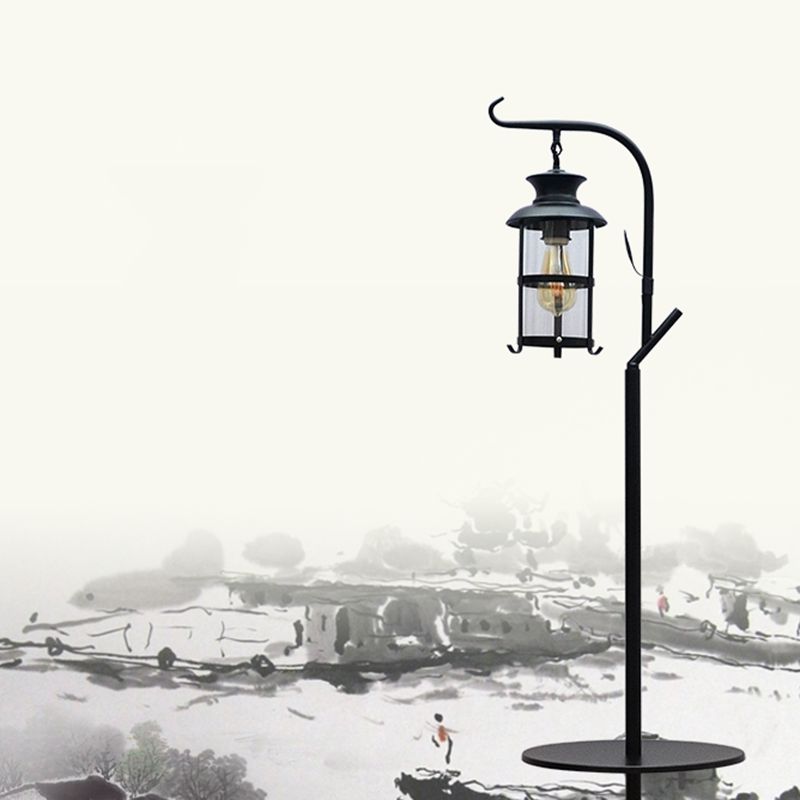 Alessio Retro Lantern Metal Glass Floor Lamp /w Table, Black/White