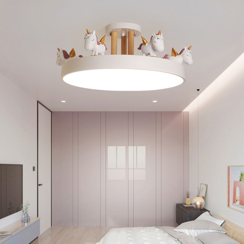 Quinn Modern Round Unicorn Acrylic/Wood Semi-Flush Mount Ceiling Light, White/Pink/Blue
