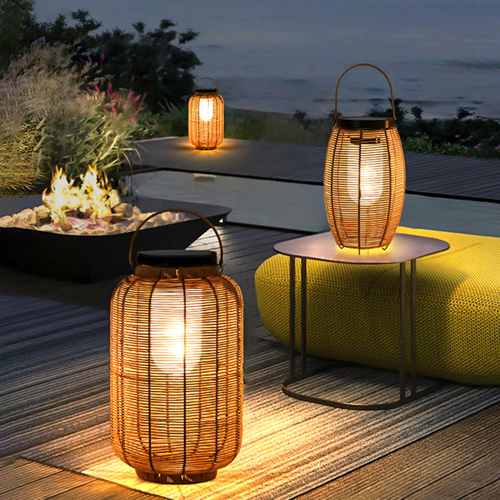 Ritta Retro Lantern Metal/Rattan Floor Lamp, Wood Color