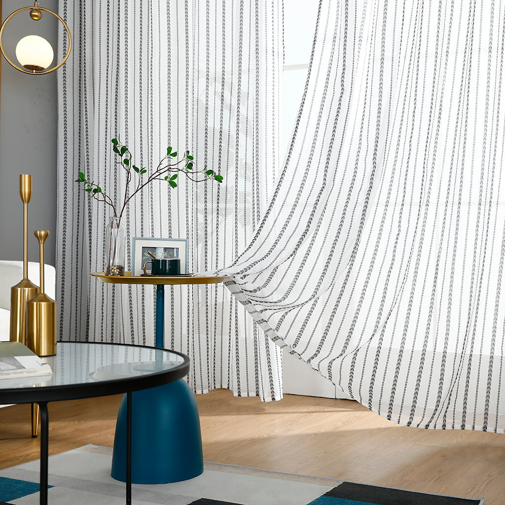 Modern White Sheer Curtains, Black Love Stripes, Children's Room