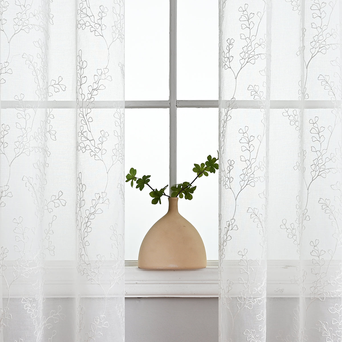 Modern Tree Branch Polyester Sheer Curtains, White/Beige