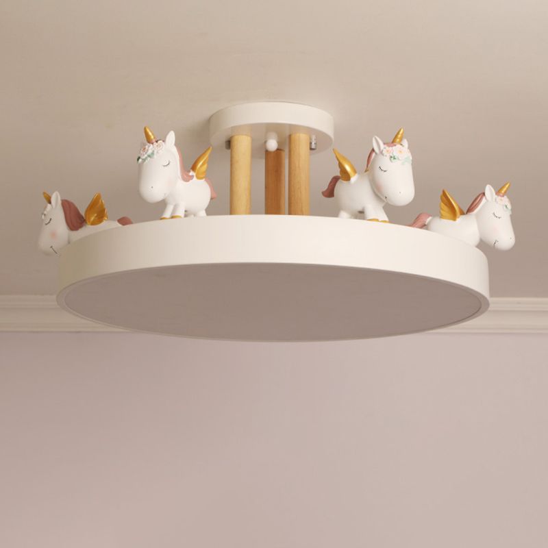 Quinn Modern Round Unicorn Acrylic/Wood Semi-Flush Mount Ceiling Light, White/Pink/Blue