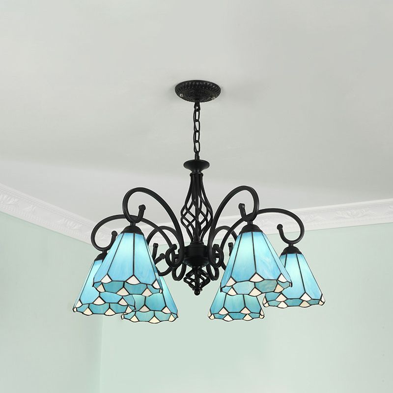 Silva Tiffany Mediterranean Branch Metal Chandelier, White/Blue/Navy Blue