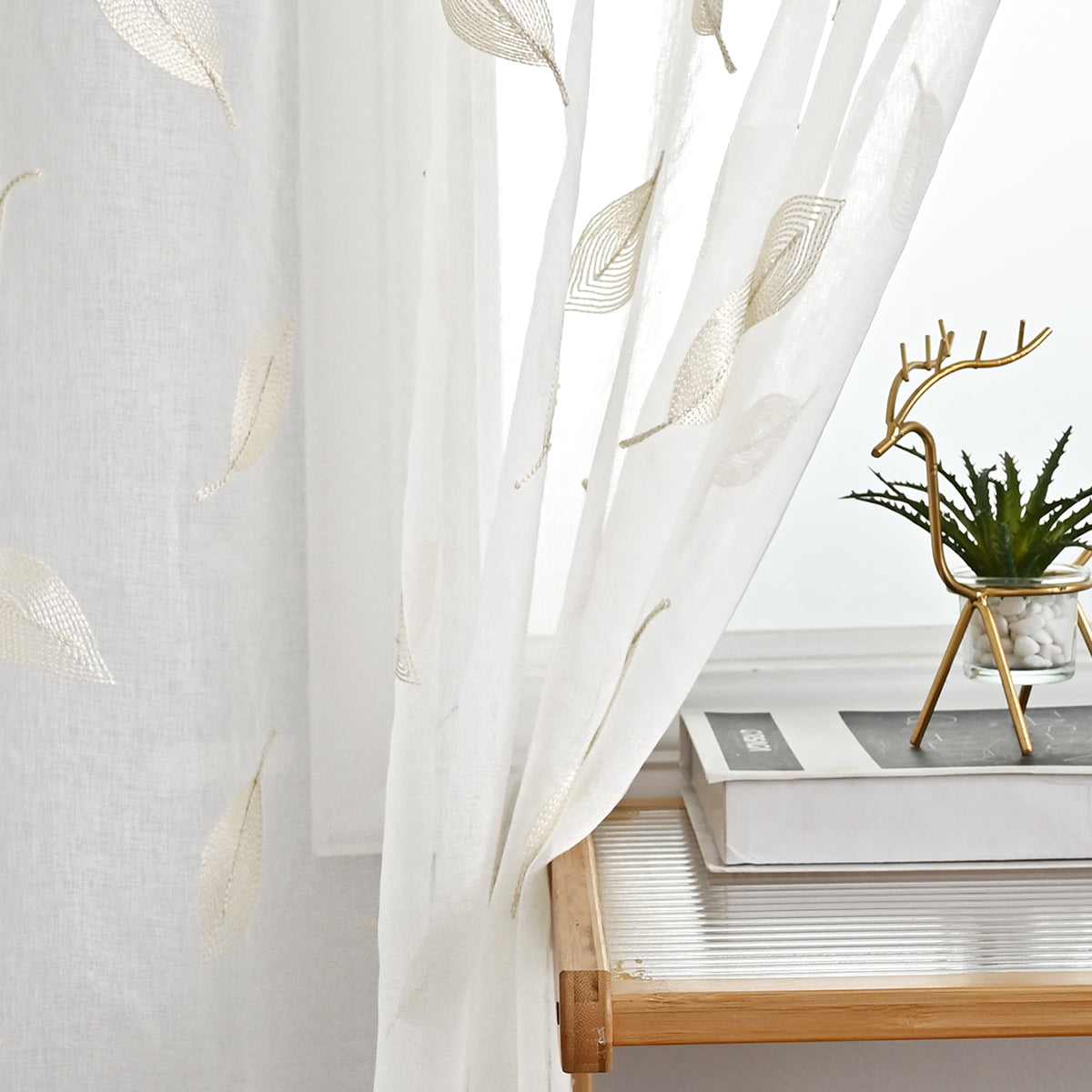 Modern Leaf Polyester Sheer Curtains, Gray/Beige