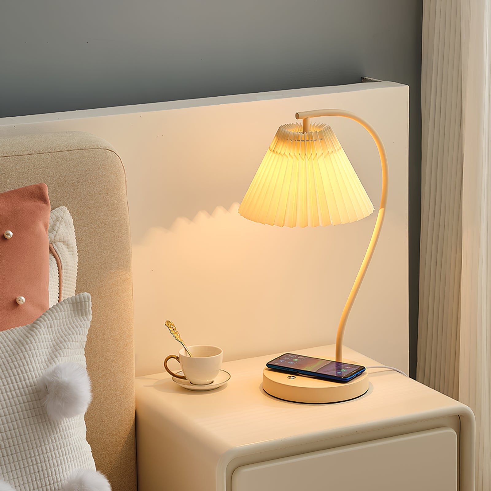 Sano Nordic Curved Ceramic/Fabric Table Lamp, White/Yellow