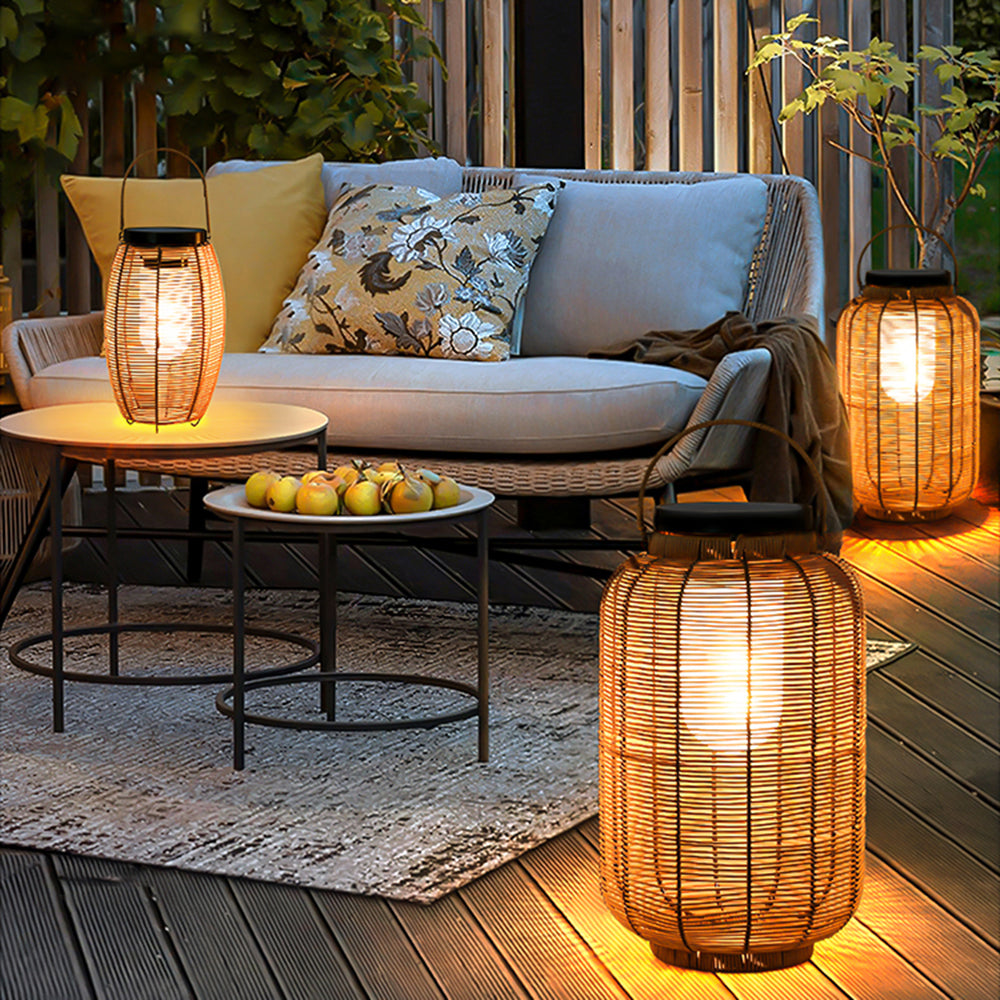 Ritta Retro Lantern Metal/Rattan Floor Lamp, Wood Color