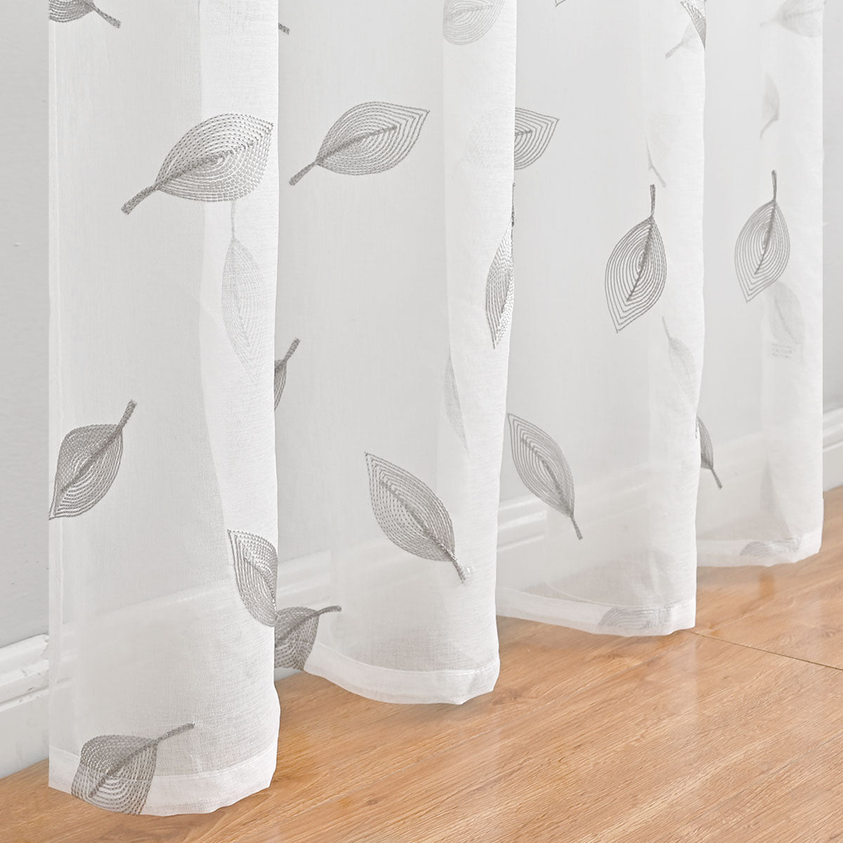 Modern Leaf Polyester Sheer Curtains, Gray/Beige
