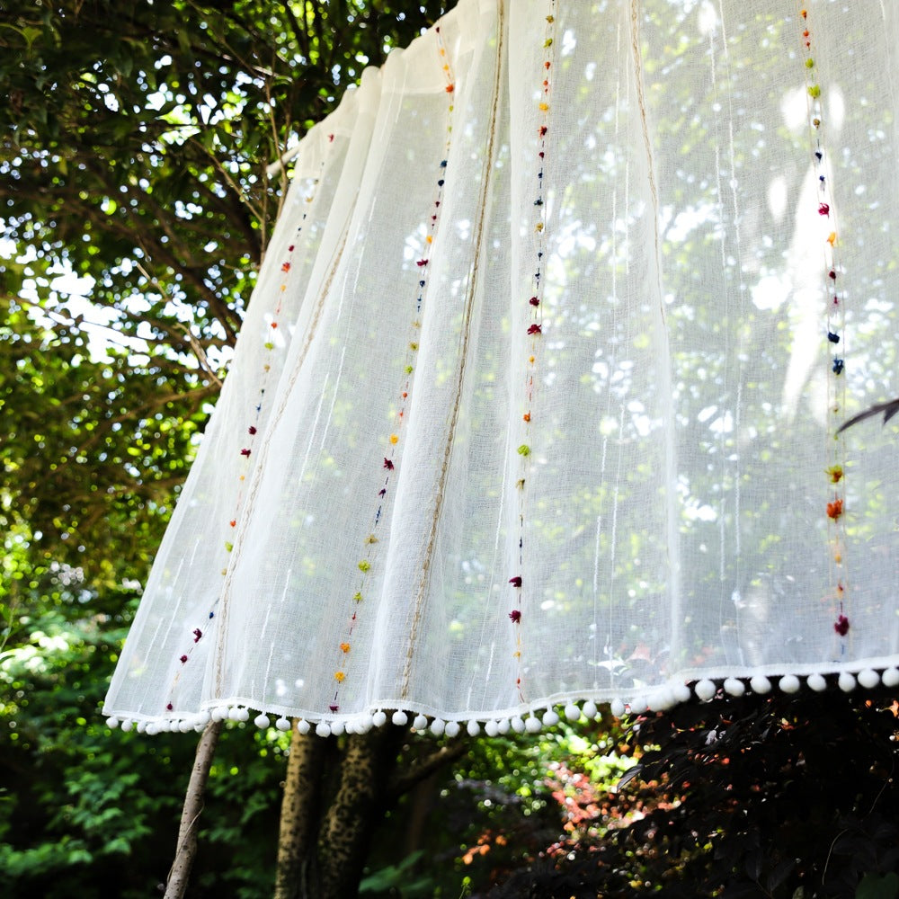 Modern White Fringe Colored Ball Short  Sheer Curtains