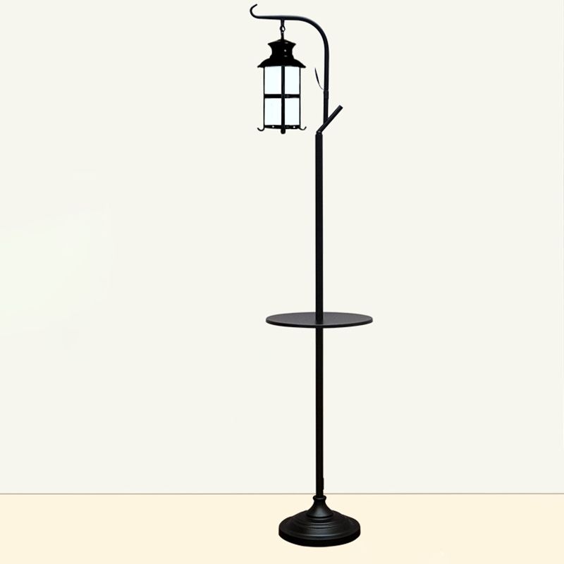 Alessio Retro Lantern Metal Glass Floor Lamp /w Table, Black/White